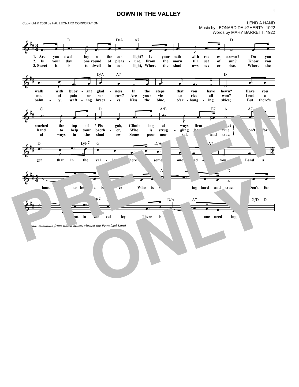 Download Leonard Daugherty Down In The Valley Sheet Music and learn how to play Melody Line, Lyrics & Chords PDF digital score in minutes