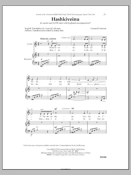 Download Leonard Lehrman Hashkiveinu Sheet Music and learn how to play SATB Choir PDF digital score in minutes