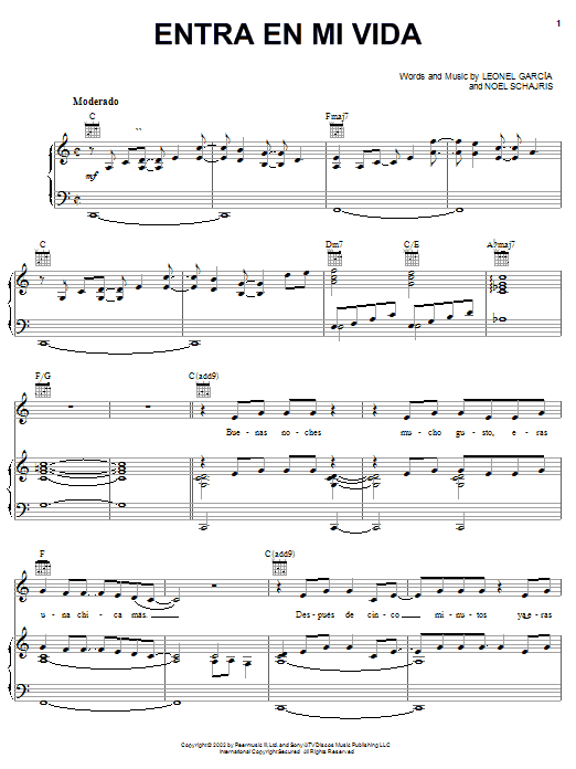 Download Leonel Garcia Entra en mi vida Sheet Music and learn how to play Piano, Vocal & Guitar (Right-Hand Melody) PDF digital score in minutes