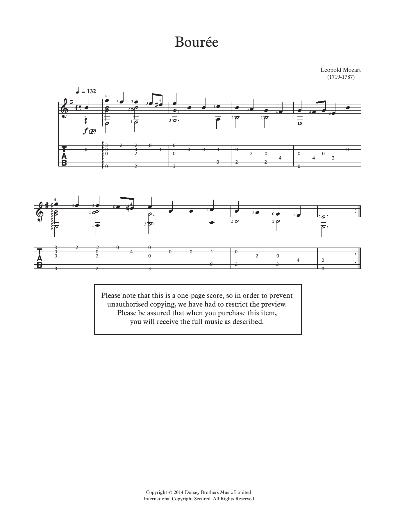 Download Leopold Mozart Bouree Sheet Music and learn how to play Guitar PDF digital score in minutes