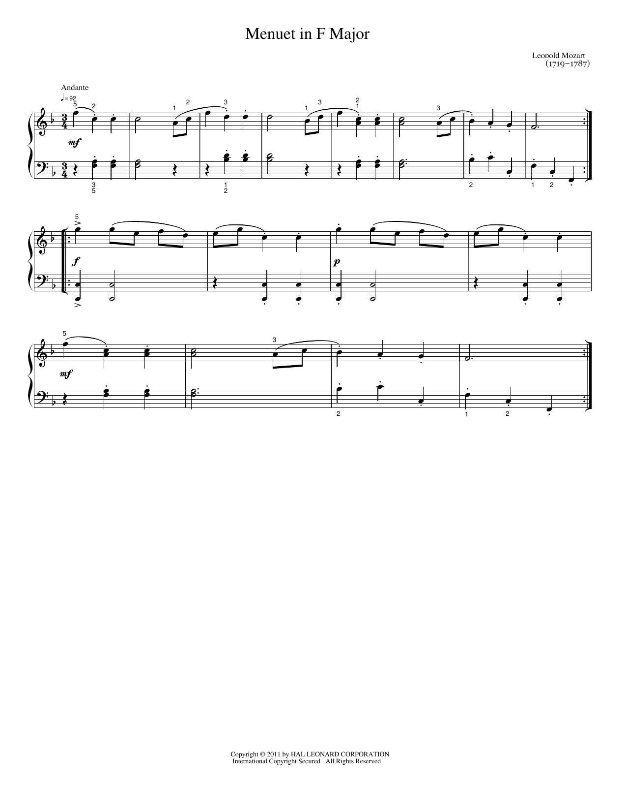 Download Leopold Mozart Menuet In F Sheet Music and learn how to play Easy Piano PDF digital score in minutes