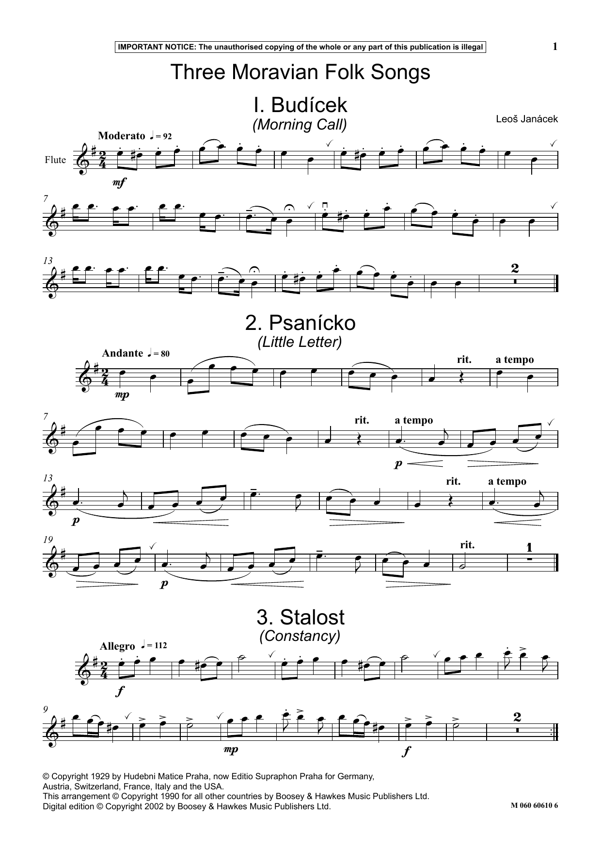 Download Leos Janácek Three Moravian Folk Songs Sheet Music and learn how to play Instrumental Solo PDF digital score in minutes