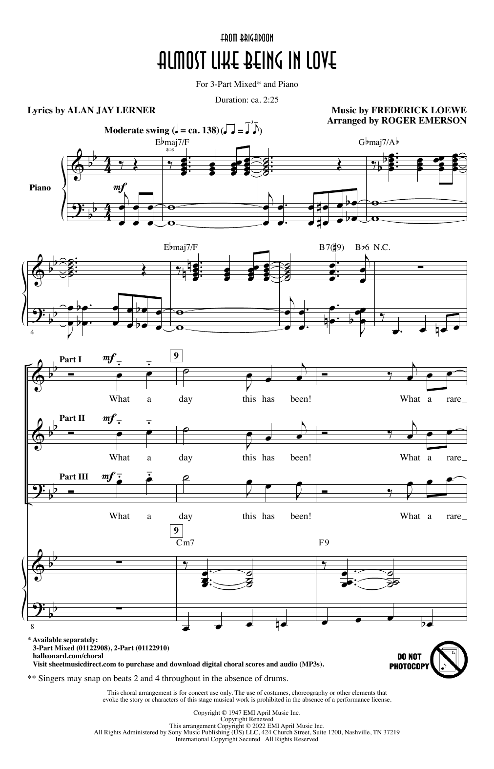 Download Lerner & Loewe Almost Like Being In Love (from Brigadoon) (arr. Roger Emerson) Sheet Music and learn how to play 3-Part Mixed Choir PDF digital score in minutes