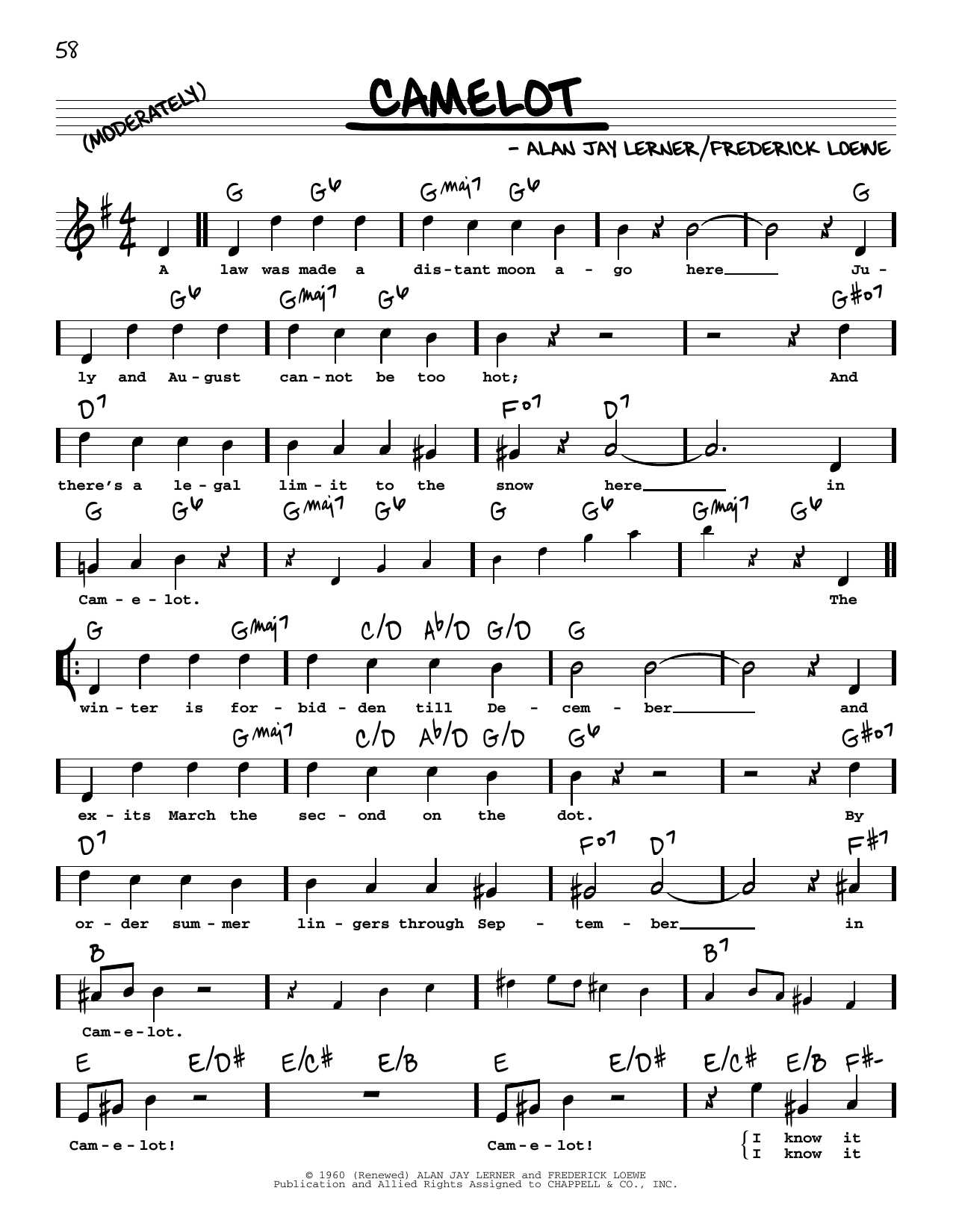 Download Lerner & Loewe Camelot (High Voice) Sheet Music and learn how to play Real Book – Melody, Lyrics & Chords PDF digital score in minutes