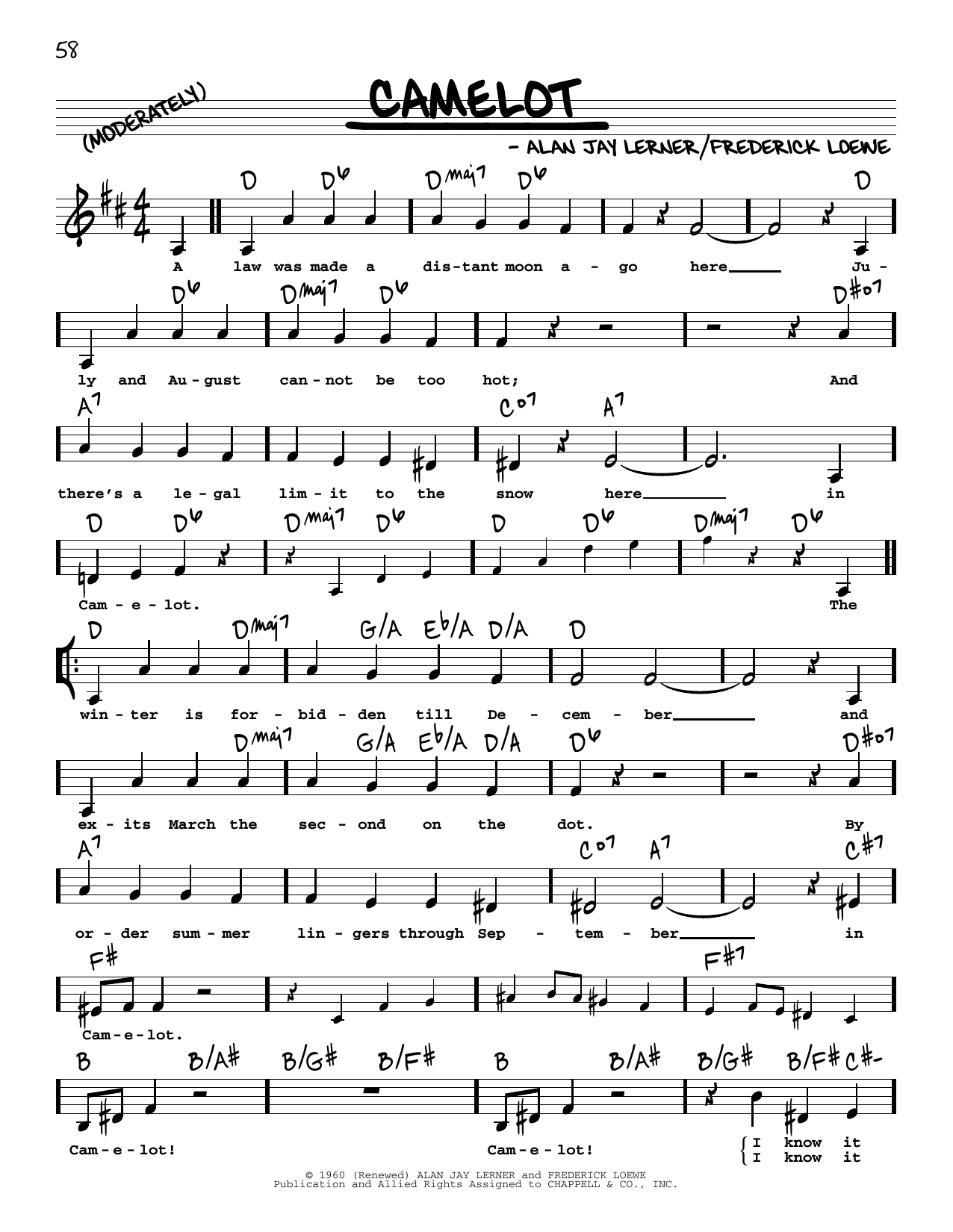 Download Lerner & Loewe Camelot (Low Voice) Sheet Music and learn how to play Real Book – Melody, Lyrics & Chords PDF digital score in minutes