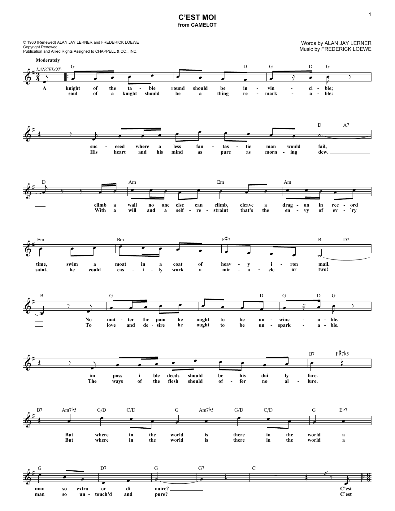 Download Lerner & Loewe C'est Moi Sheet Music and learn how to play Melody Line, Lyrics & Chords PDF digital score in minutes