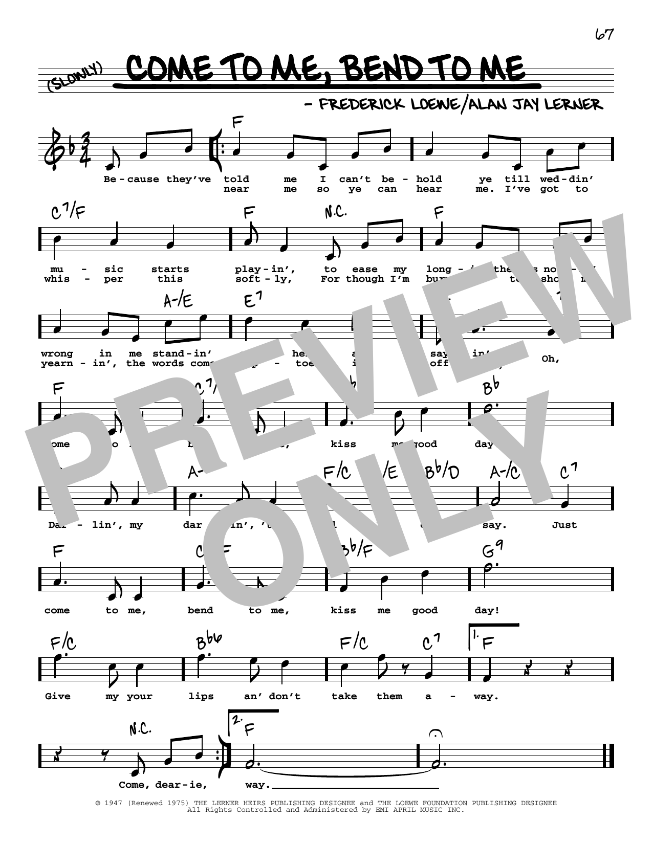 Download Lerner & Loewe Come To Me, Bend To Me (High Voice) Sheet Music and learn how to play Real Book – Melody, Lyrics & Chords PDF digital score in minutes