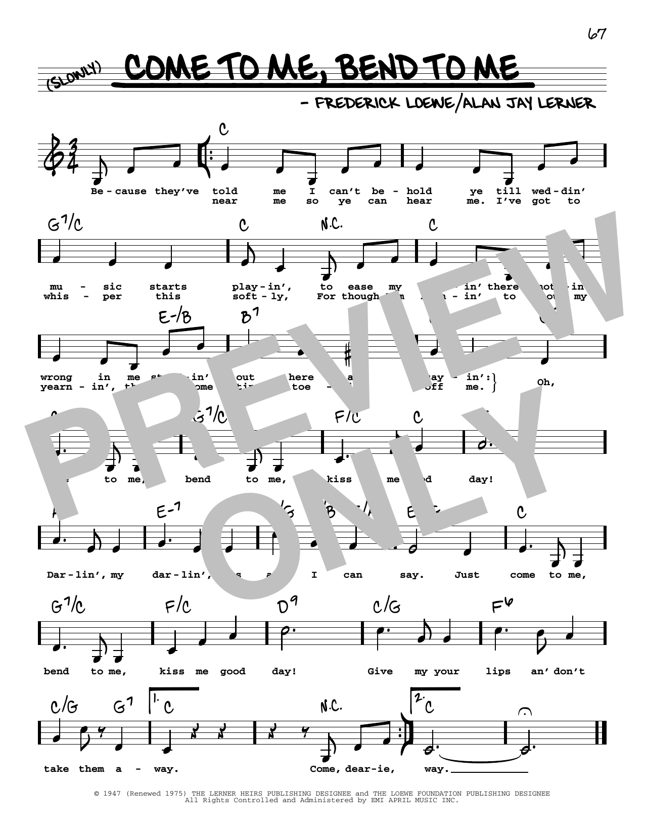 Download Lerner & Loewe Come To Me, Bend To Me (Low Voice) Sheet Music and learn how to play Real Book – Melody, Lyrics & Chords PDF digital score in minutes