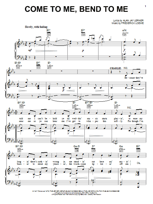 Download Lerner & Loewe Come To Me, Bend To Me Sheet Music and learn how to play Piano, Vocal & Guitar (Right-Hand Melody) PDF digital score in minutes