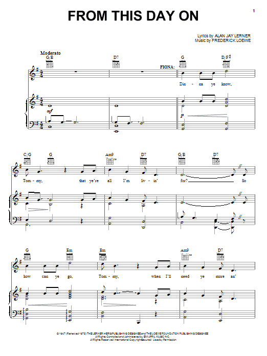 Download Lerner & Loewe From This Day On Sheet Music and learn how to play Piano, Vocal & Guitar (Right-Hand Melody) PDF digital score in minutes