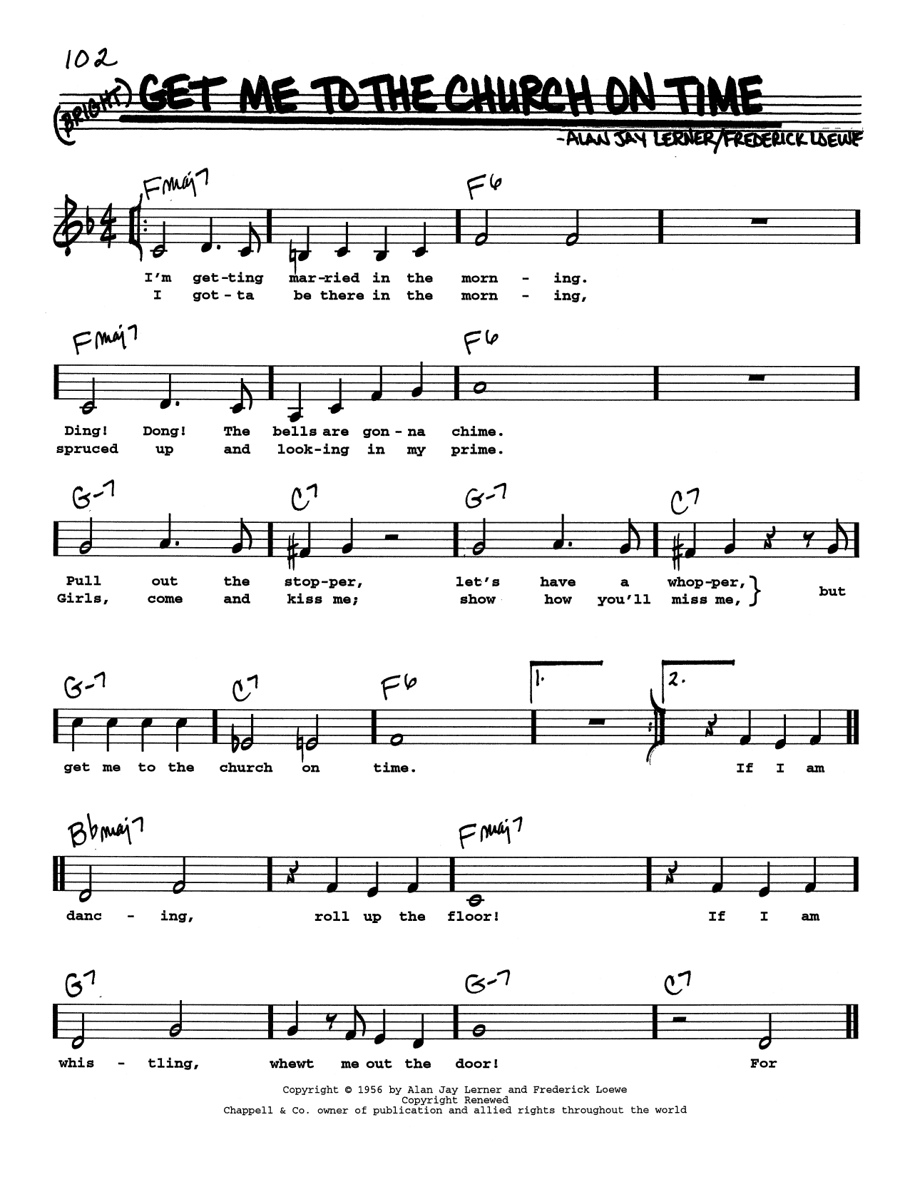 Download Lerner & Loewe Get Me To The Church On Time (Low Voice) Sheet Music and learn how to play Real Book – Melody, Lyrics & Chords PDF digital score in minutes