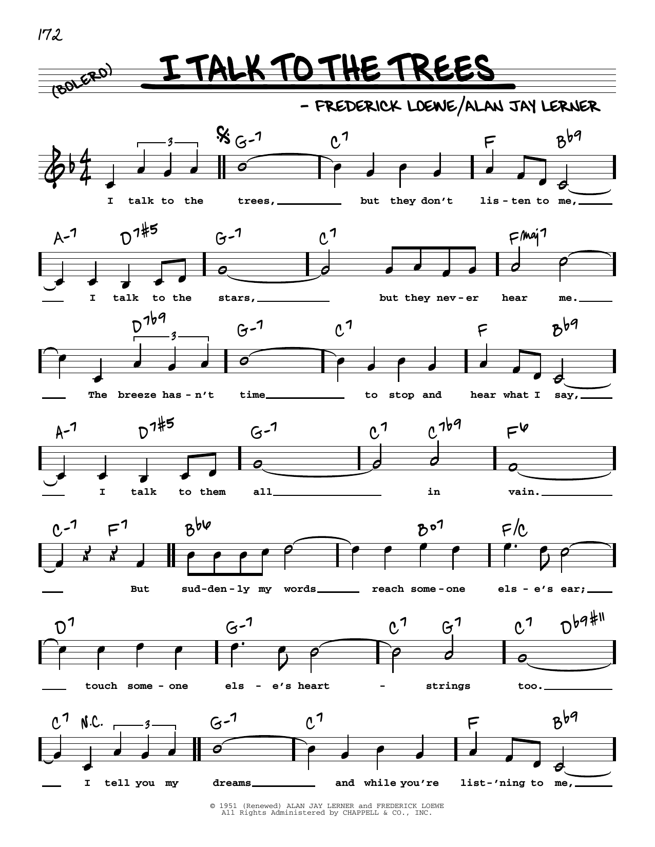 Download Lerner & Loewe I Talk To The Trees (High Voice) Sheet Music and learn how to play Real Book – Melody, Lyrics & Chords PDF digital score in minutes