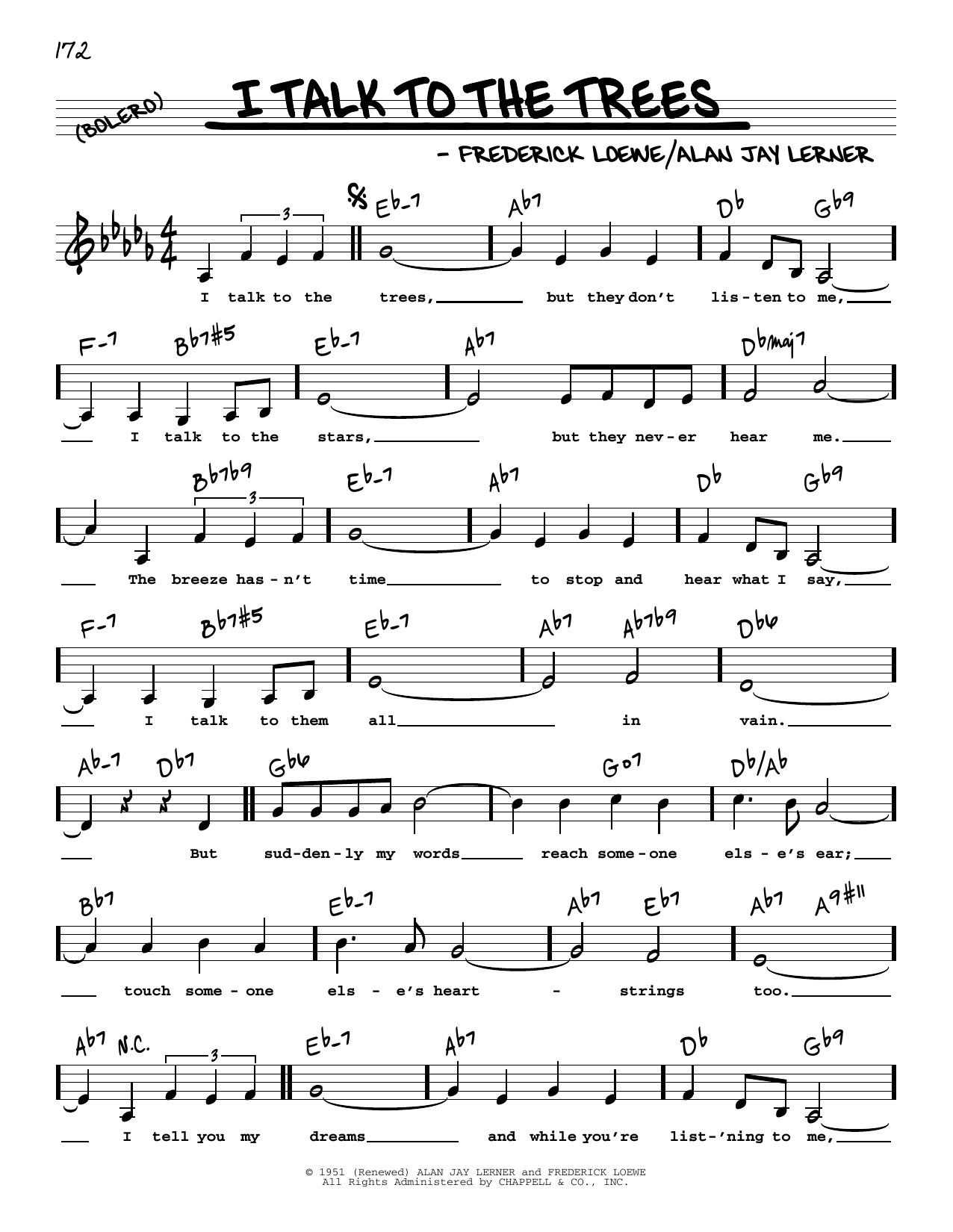 Download Lerner & Loewe I Talk To The Trees (Low Voice) Sheet Music and learn how to play Real Book – Melody, Lyrics & Chords PDF digital score in minutes