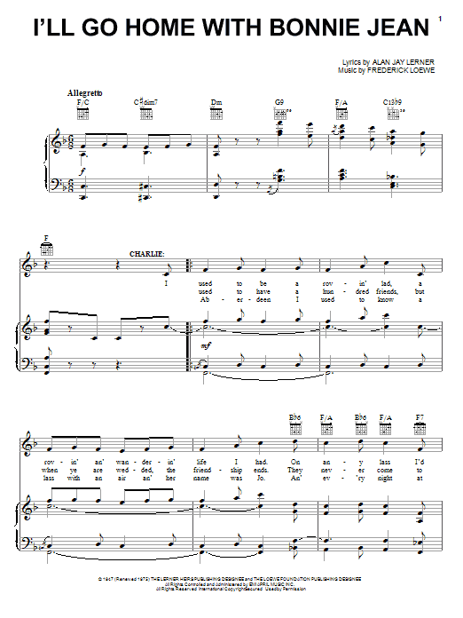 Download Lerner & Loewe I'll Go Home With Bonnie Jean Sheet Music and learn how to play Piano, Vocal & Guitar (Right-Hand Melody) PDF digital score in minutes