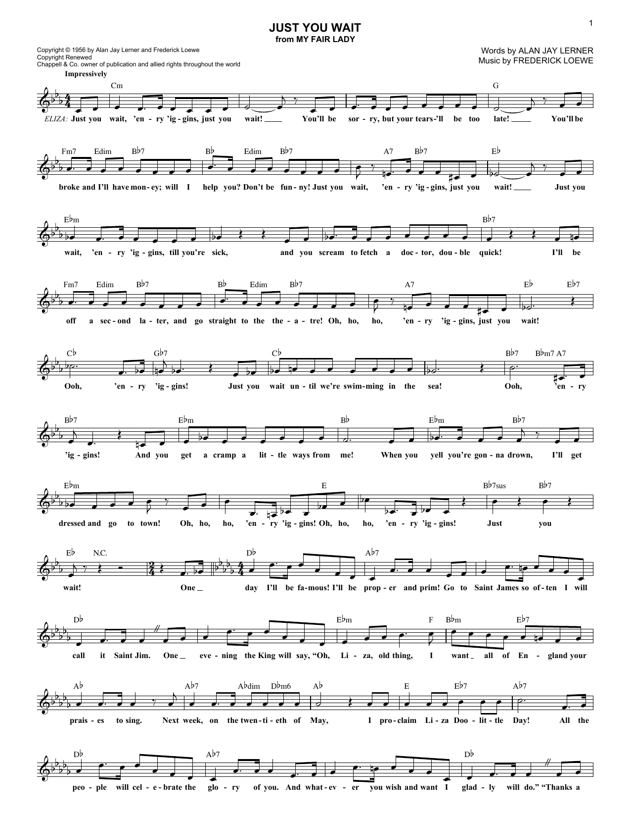 Download Lerner & Loewe Just You Wait Sheet Music and learn how to play Melody Line, Lyrics & Chords PDF digital score in minutes