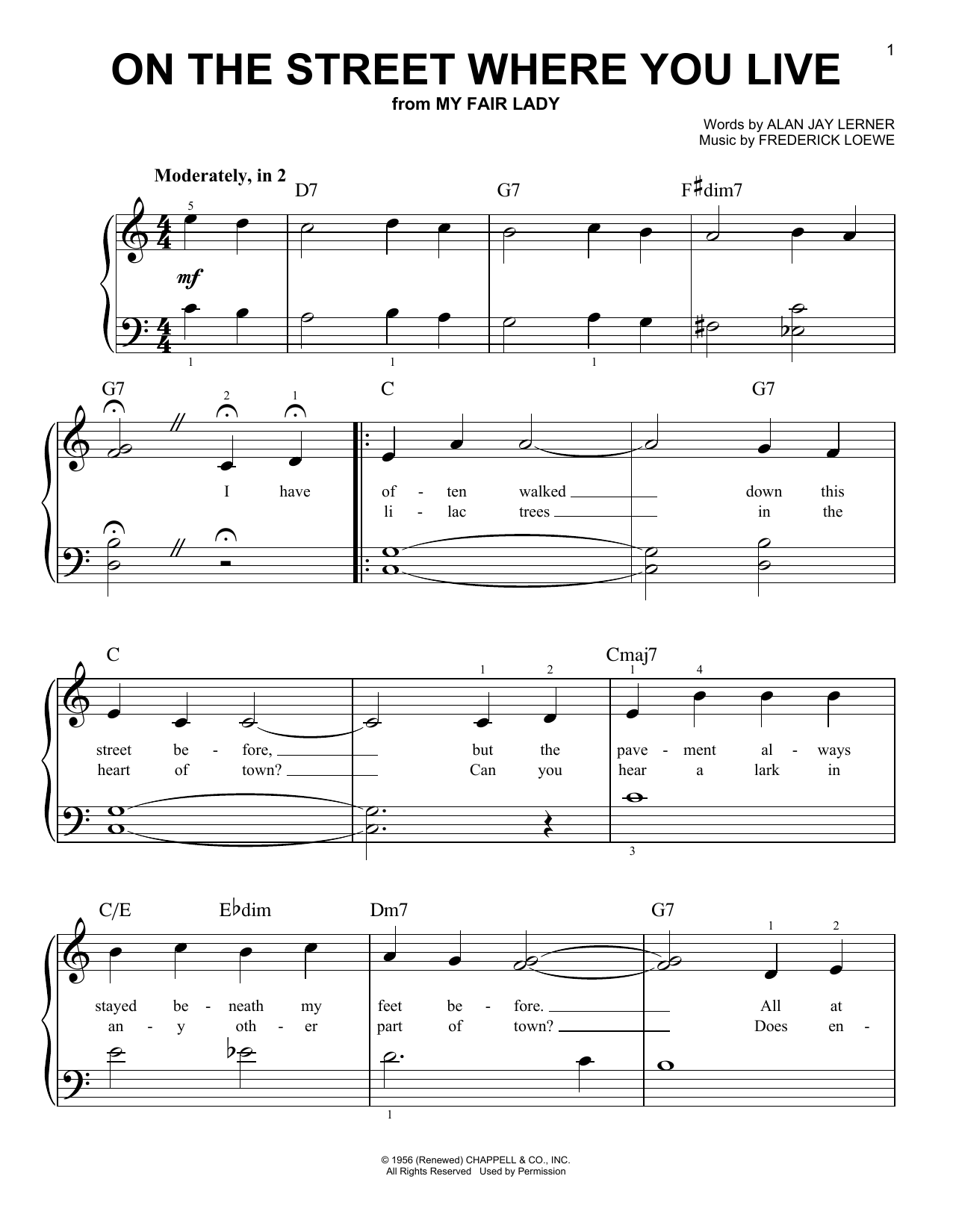 Download Lerner & Loewe On The Street Where You Live (from My Fair Lady) Sheet Music and learn how to play Very Easy Piano PDF digital score in minutes