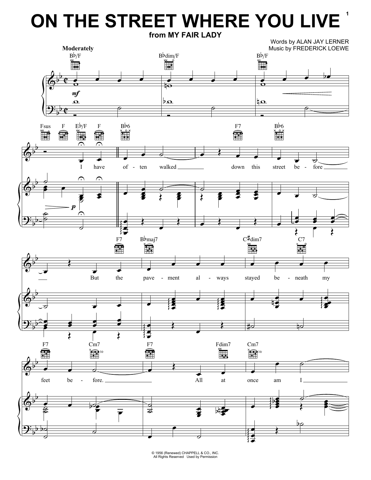 Download Lerner & Loewe On The Street Where You Live Sheet Music and learn how to play Piano, Vocal & Guitar (Right-Hand Melody) PDF digital score in minutes