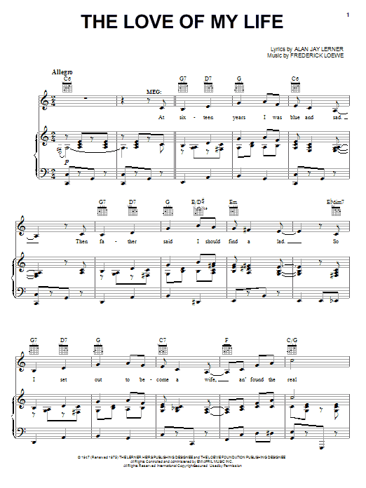 Download Lerner & Loewe The Love Of My Life Sheet Music and learn how to play Piano, Vocal & Guitar (Right-Hand Melody) PDF digital score in minutes