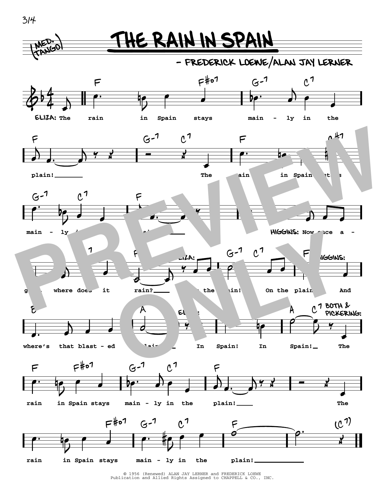 Download Lerner & Loewe The Rain In Spain (from My Fair Lady) (High Voice) Sheet Music and learn how to play Real Book – Melody, Lyrics & Chords PDF digital score in minutes