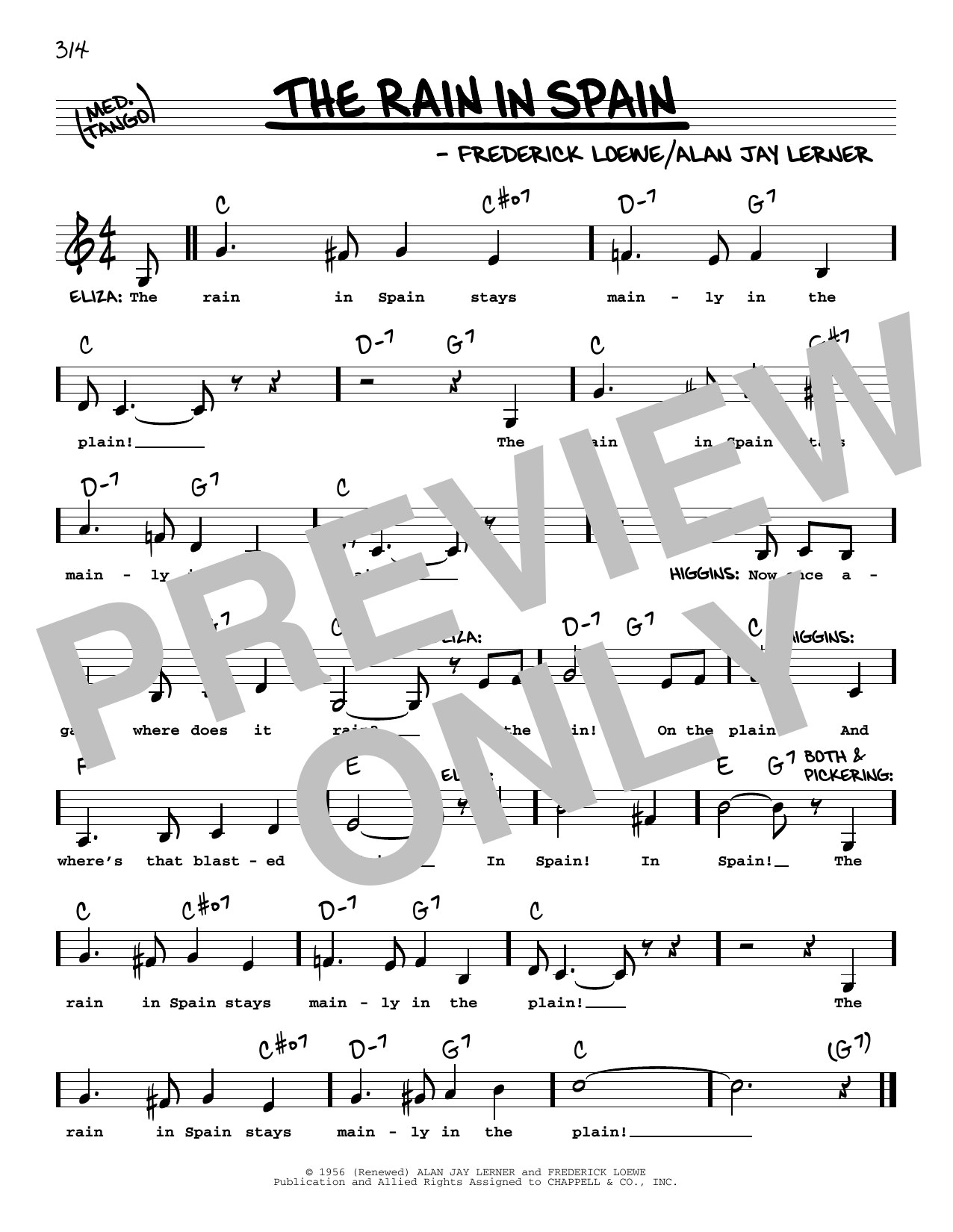 Download Lerner & Loewe The Rain In Spain (from My Fair Lady) (Low Voice) Sheet Music and learn how to play Real Book – Melody, Lyrics & Chords PDF digital score in minutes