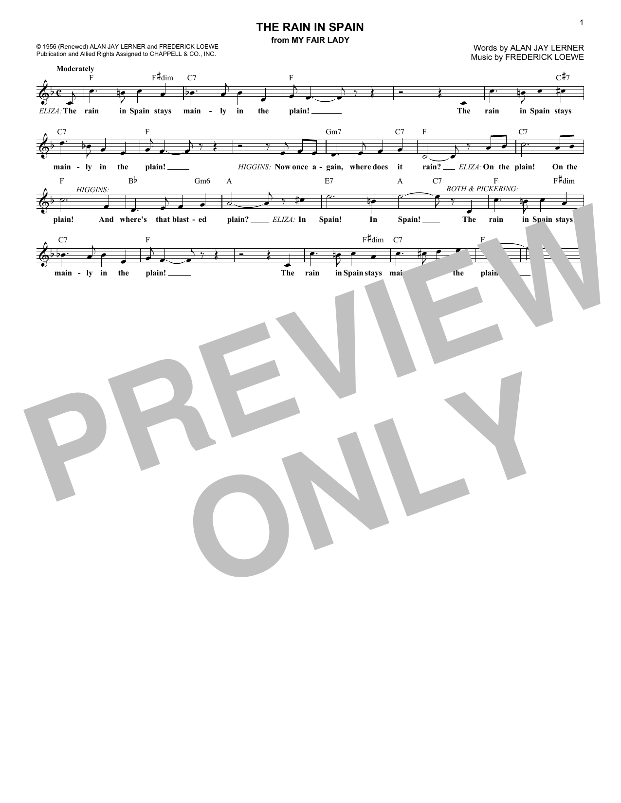 Download Lerner & Loewe The Rain In Spain (from My Fair Lady) Sheet Music and learn how to play Lead Sheet / Fake Book PDF digital score in minutes
