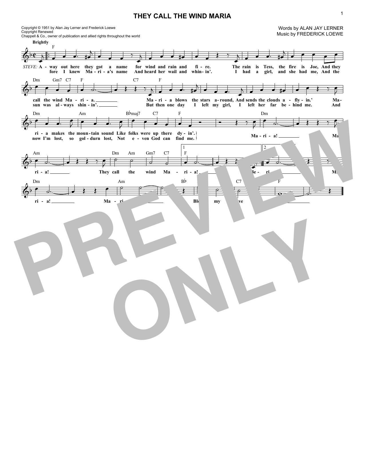 Download Lerner & Loewe They Call The Wind Maria (from Paint Your Wagon) Sheet Music and learn how to play Lead Sheet / Fake Book PDF digital score in minutes