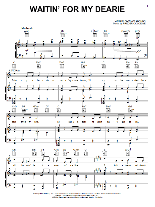Download Lerner & Loewe Waitin' For My Dearie Sheet Music and learn how to play Piano, Vocal & Guitar (Right-Hand Melody) PDF digital score in minutes