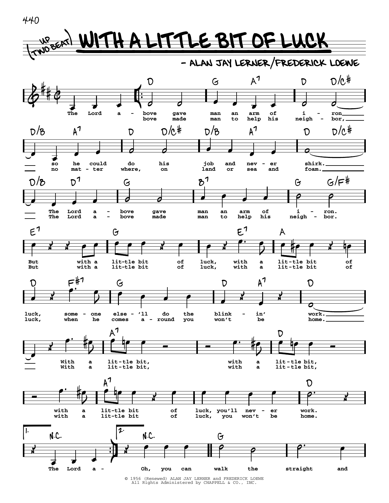 Download Lerner & Loewe With A Little Bit Of Luck (High Voice) Sheet Music and learn how to play Real Book – Melody, Lyrics & Chords PDF digital score in minutes