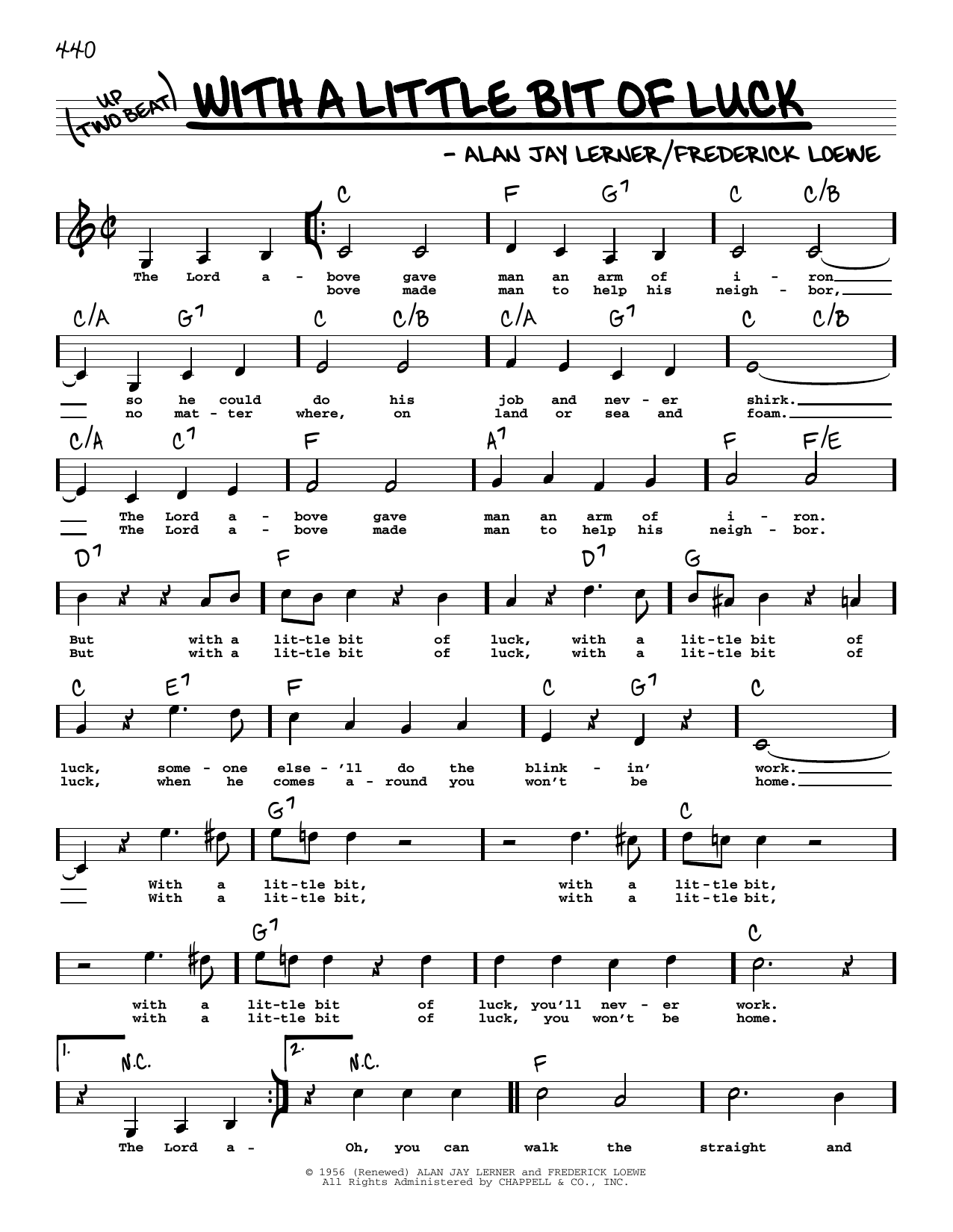 Download Lerner & Loewe With A Little Bit Of Luck (Low Voice) Sheet Music and learn how to play Real Book – Melody, Lyrics & Chords PDF digital score in minutes