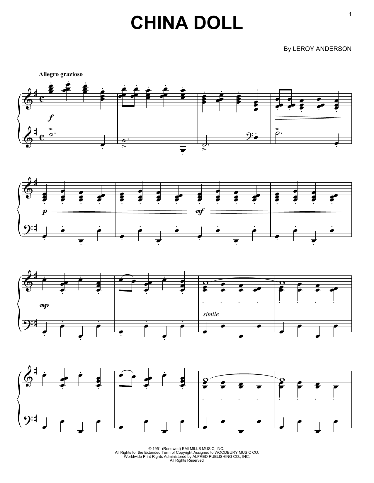 Download Leroy Anderson China Doll Sheet Music and learn how to play Piano PDF digital score in minutes