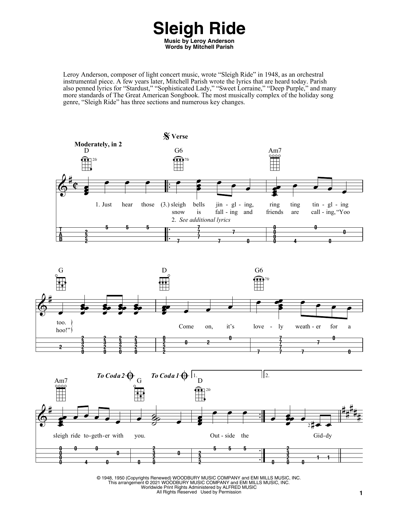 Download Leroy Anderson Sleigh Ride (arr. Fred Sokolow) Sheet Music and learn how to play Ukulele PDF digital score in minutes