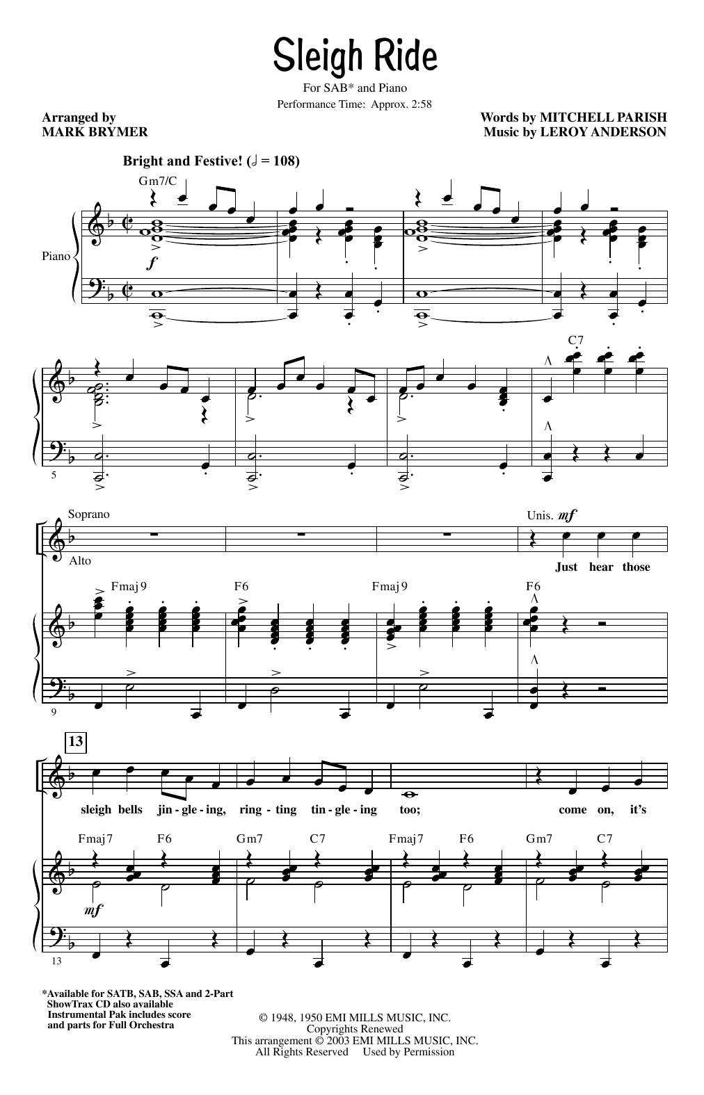 Download Leroy Anderson Sleigh Ride (arr. Mark Brymer) Sheet Music and learn how to play SAB Choir PDF digital score in minutes