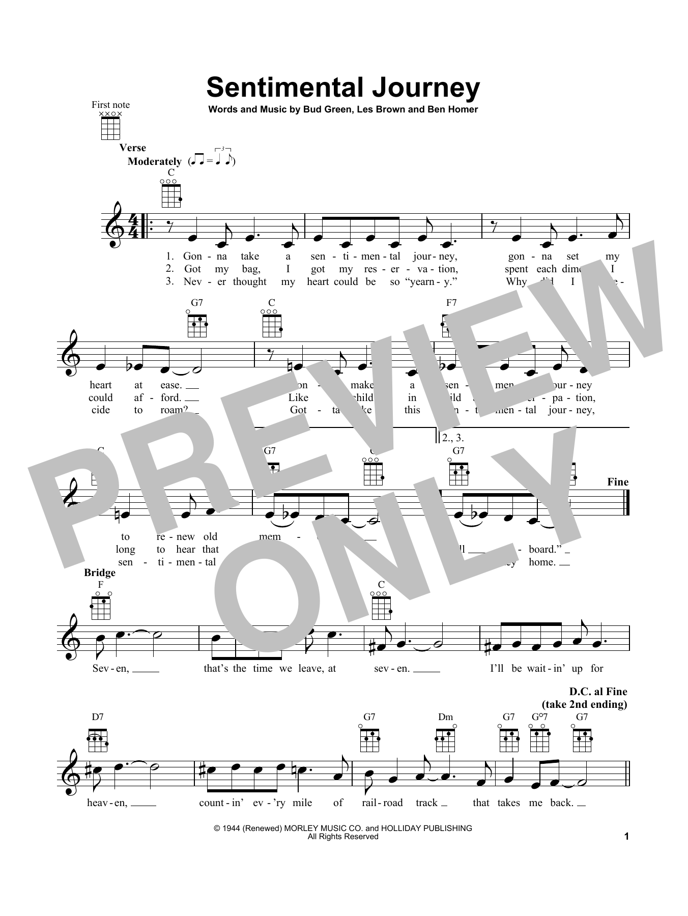 Download Les Brown Sentimental Journey Sheet Music and learn how to play Ukulele PDF digital score in minutes