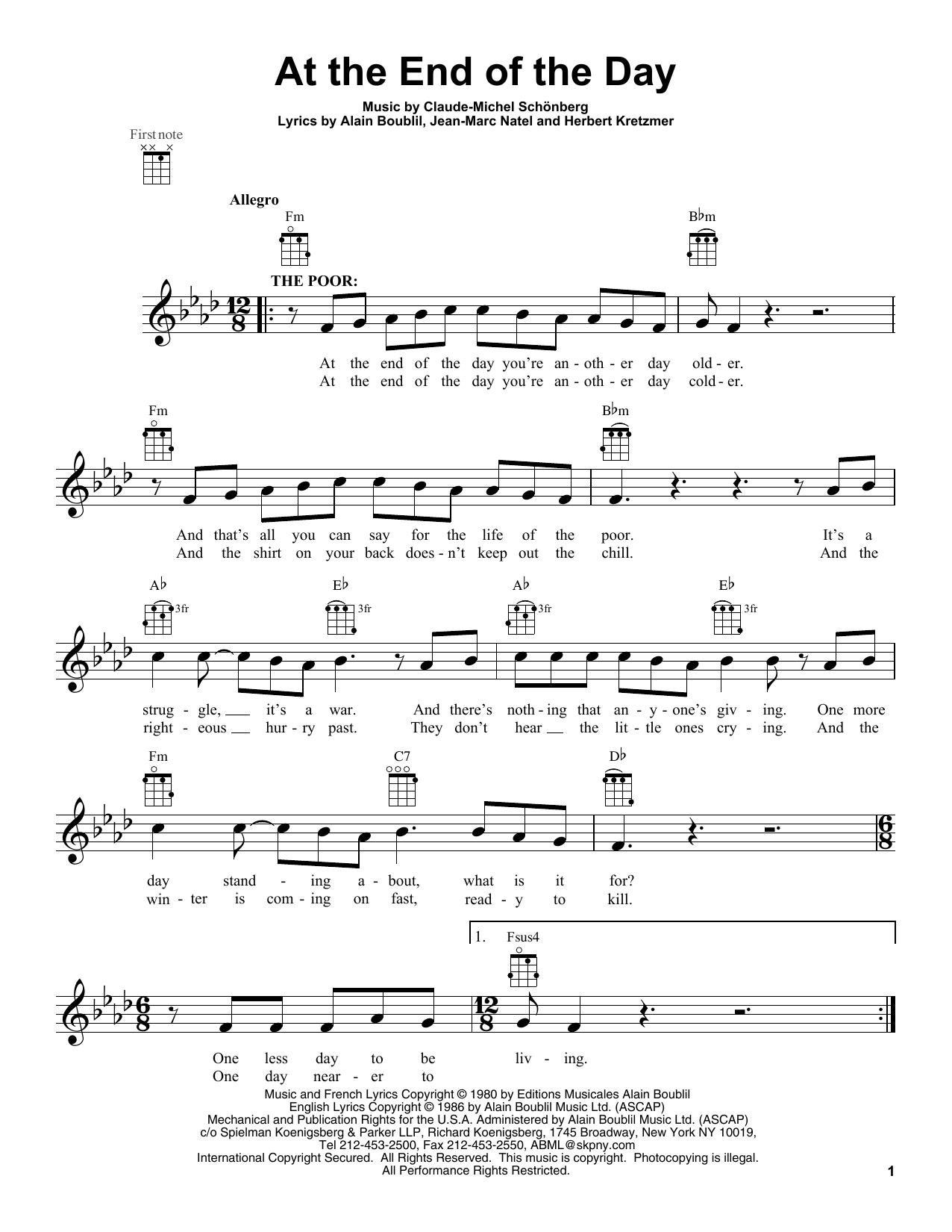 Download Les Miserables (Movie) At The End Of The Day Sheet Music and learn how to play Ukulele PDF digital score in minutes