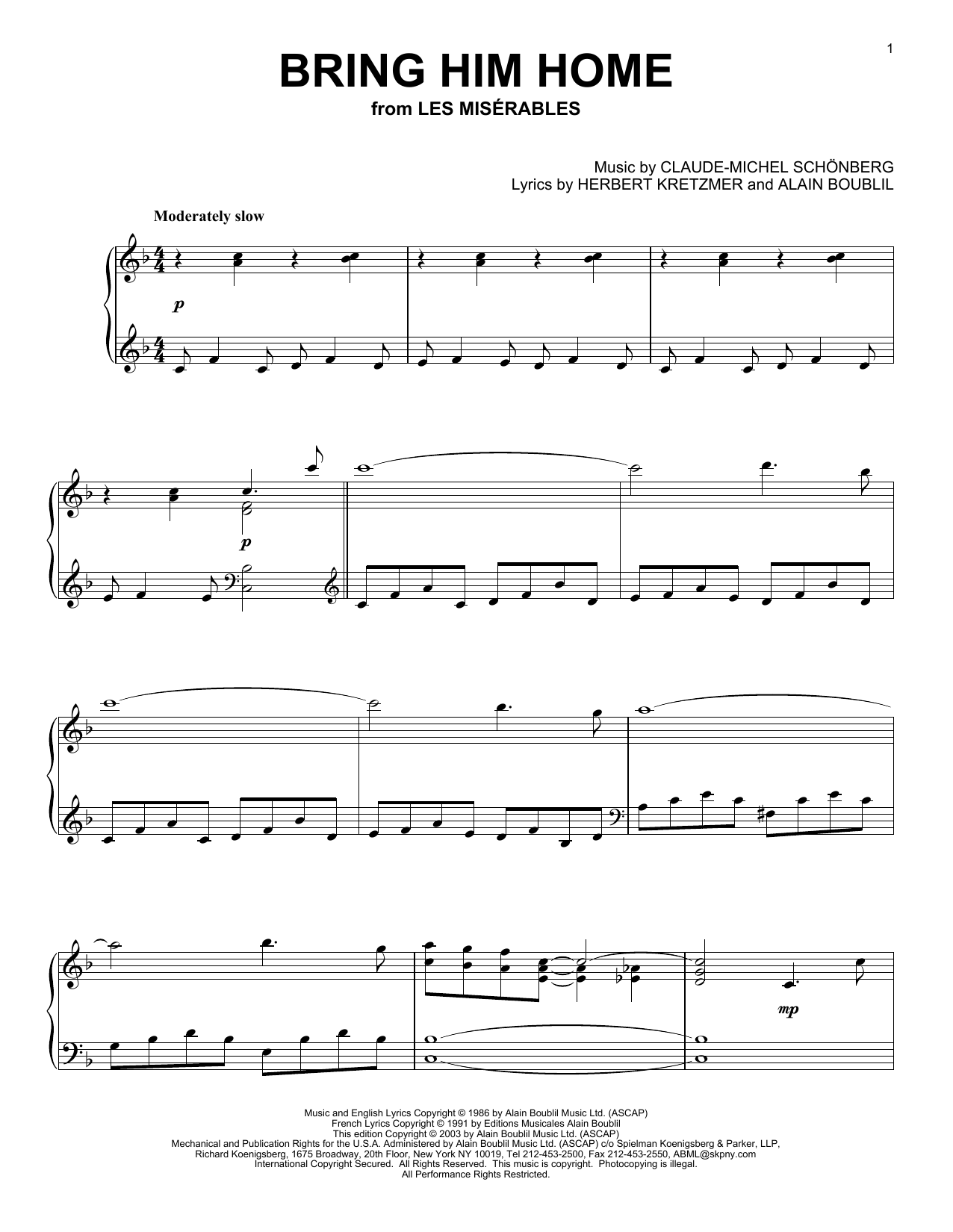 Download Les Miserables (Musical) Bring Him Home Sheet Music and learn how to play Piano PDF digital score in minutes