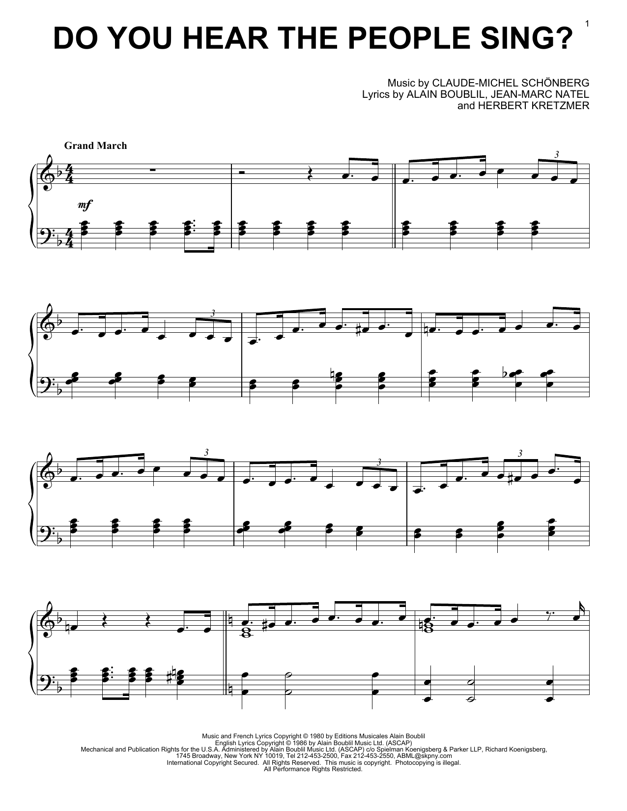 Download Les Miserables (Musical) Do You Hear The People Sing? Sheet Music and learn how to play Piano PDF digital score in minutes