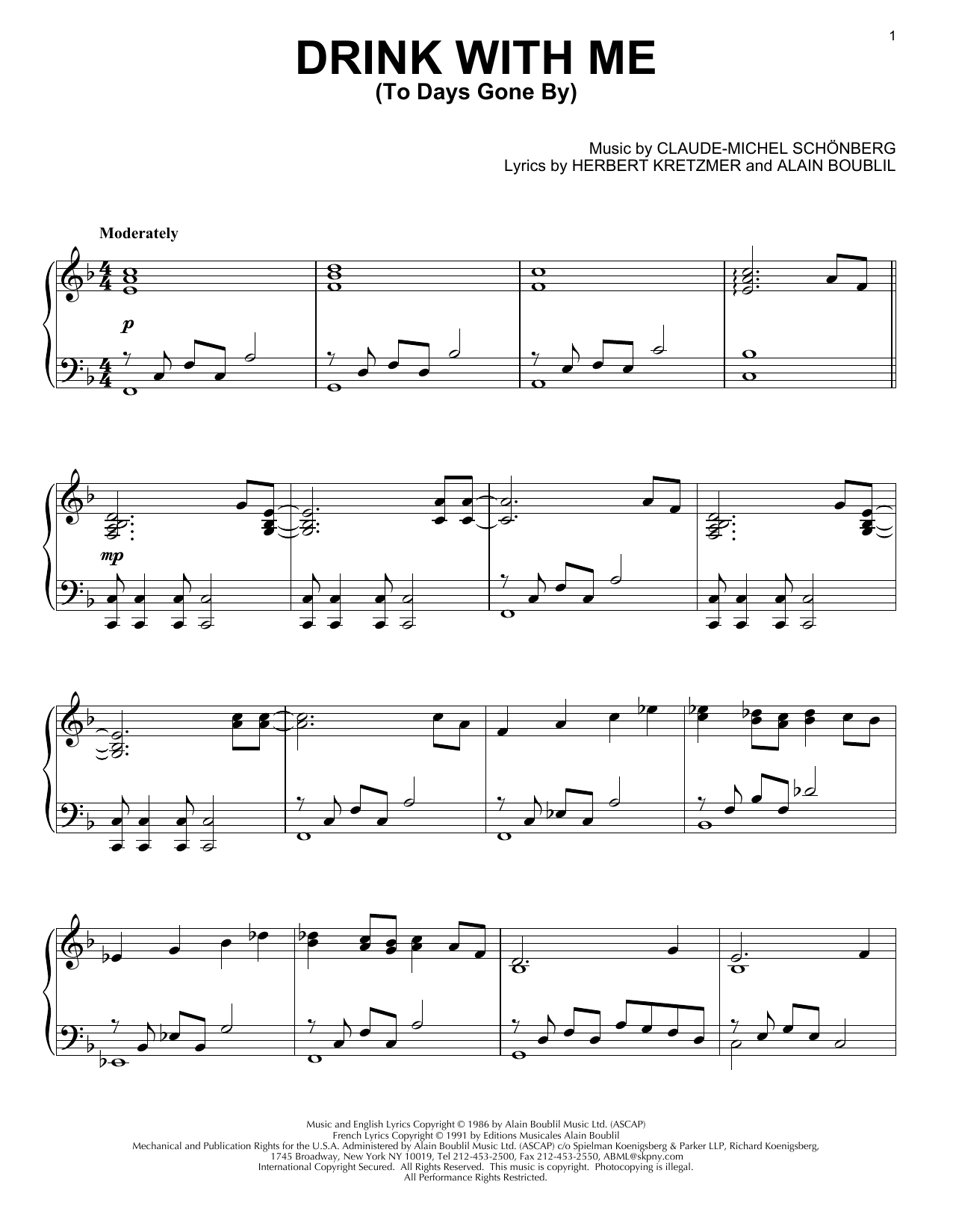 Download Les Miserables (Musical) Drink With Me (To Days Gone By) Sheet Music and learn how to play Piano PDF digital score in minutes