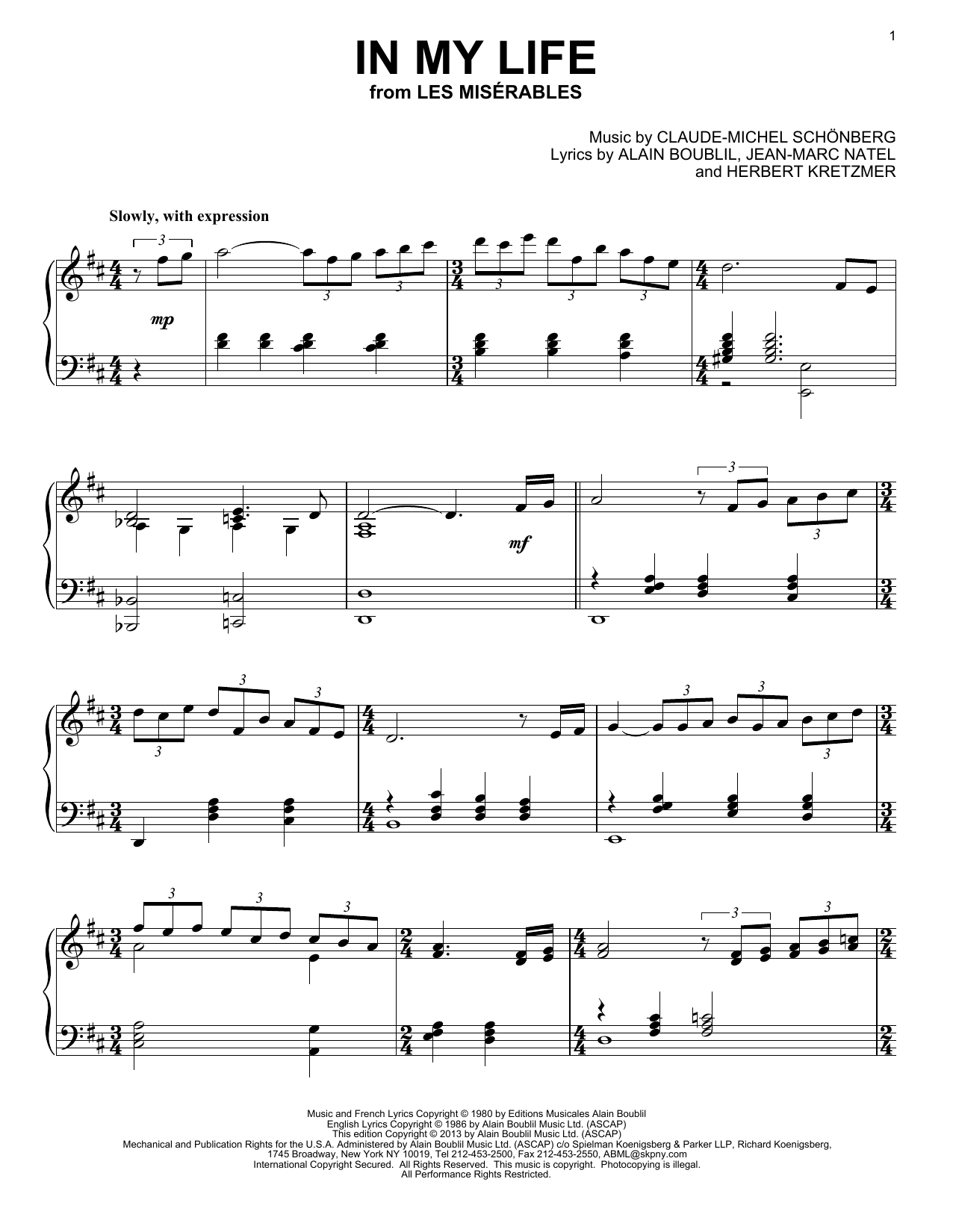 Download Les Miserables (Musical) In My Life Sheet Music and learn how to play Piano PDF digital score in minutes