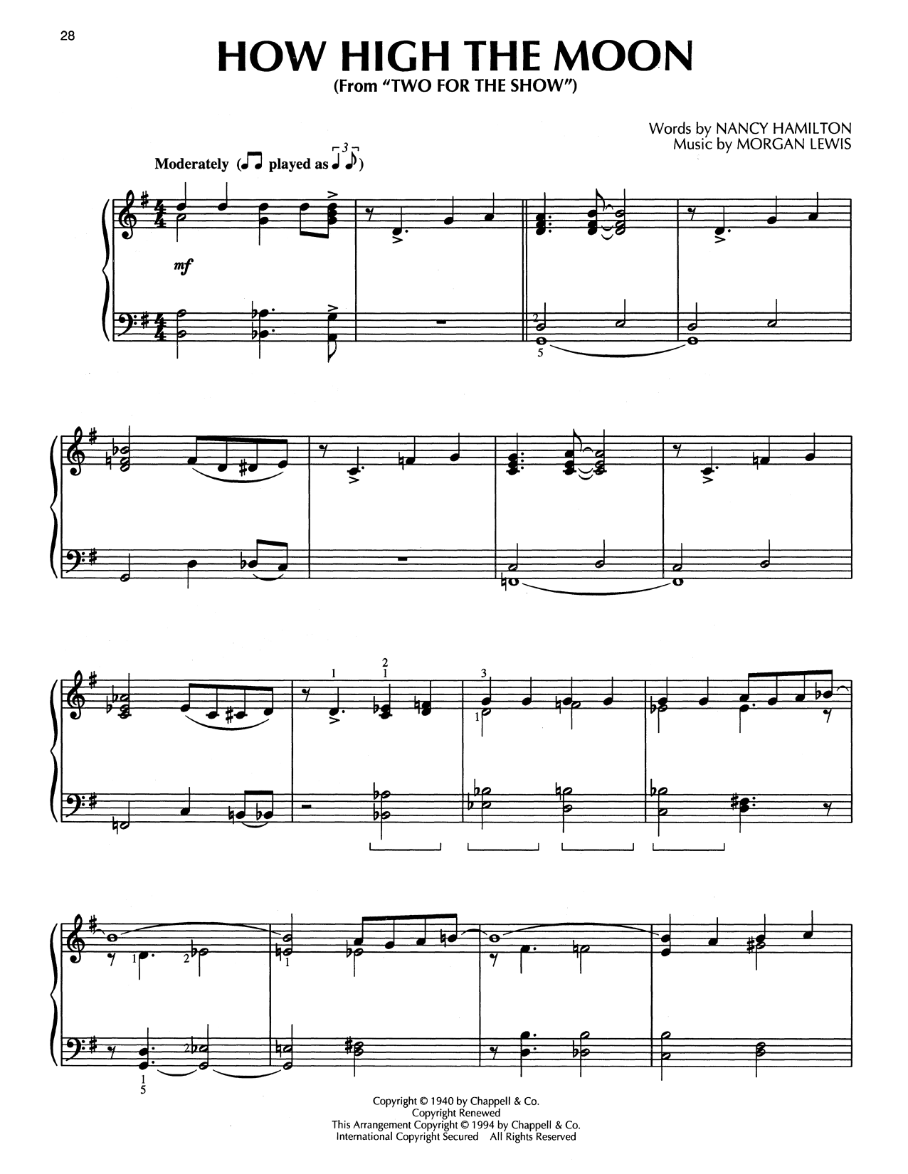 Download Les Paul & Mary Ford How High The Moon (from Two For The Show) (arr. Bill Boyd) Sheet Music and learn how to play Piano Solo PDF digital score in minutes