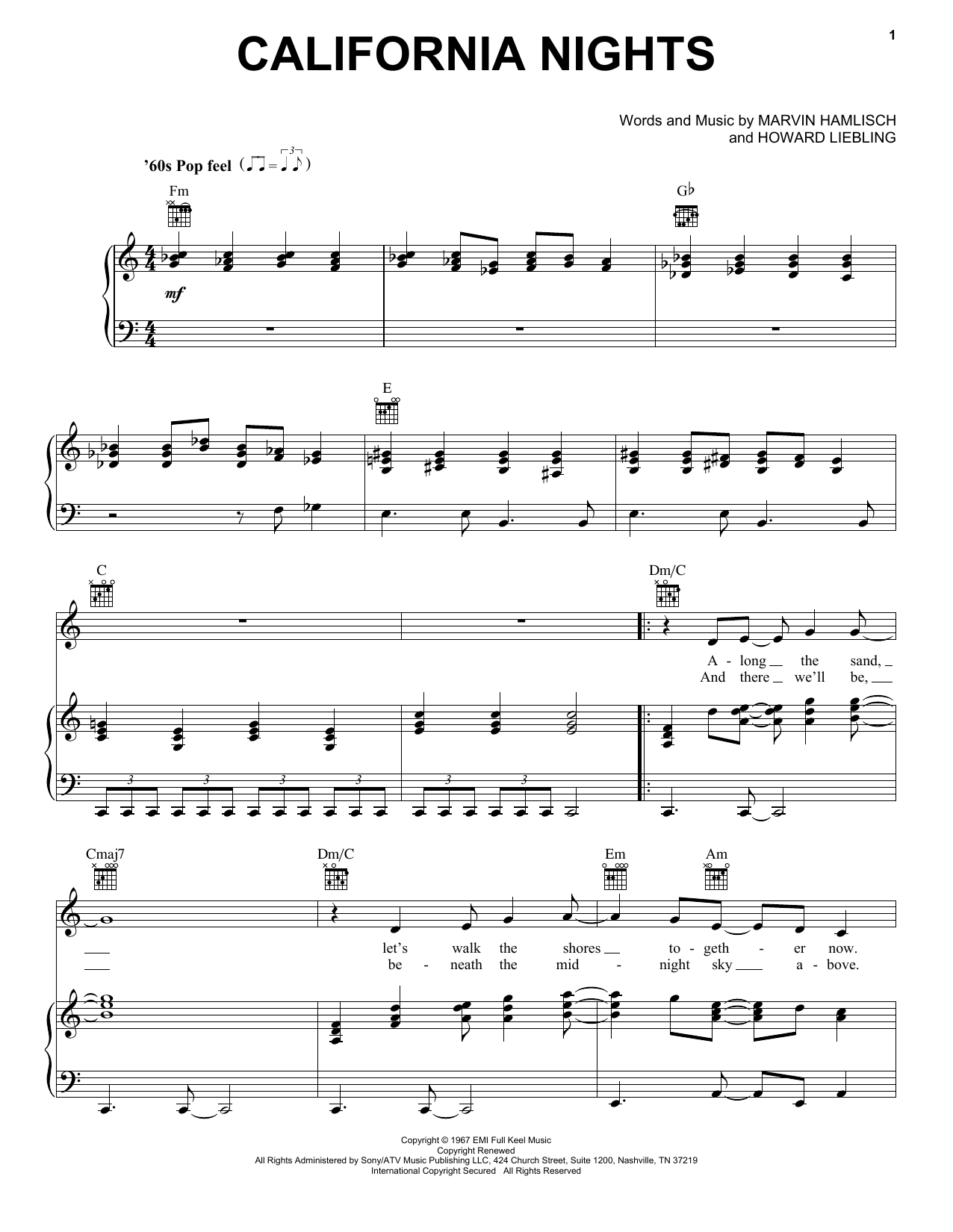 Download Leslie Gore California Nights Sheet Music and learn how to play Piano, Vocal & Guitar (Right-Hand Melody) PDF digital score in minutes