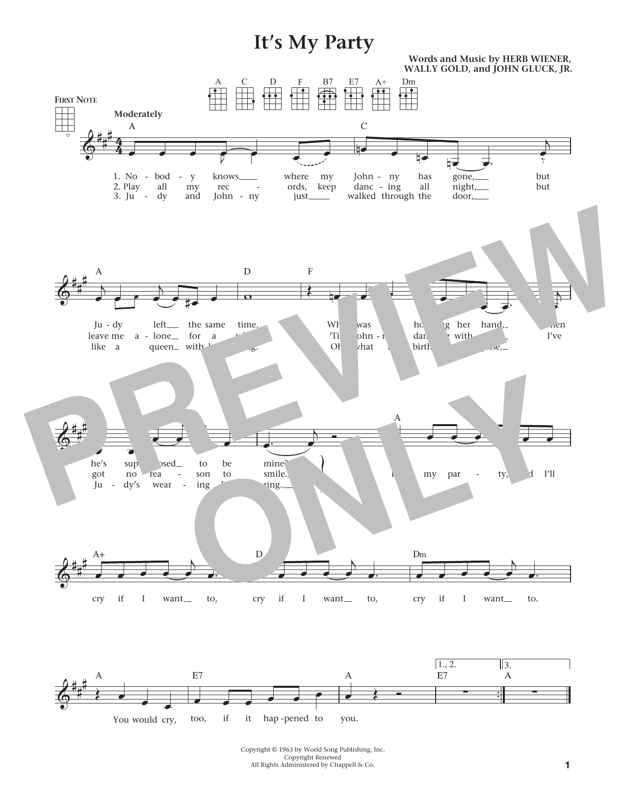Download Lesley Gore It's My Party Sheet Music and learn how to play Ukulele PDF digital score in minutes