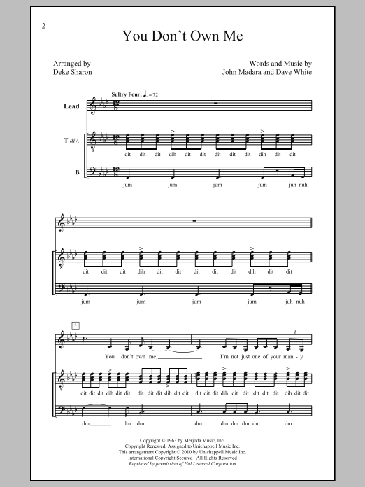 Download Lesley Gore You Don't Own Me (arr. Deke Sharon) Sheet Music and learn how to play SATB PDF digital score in minutes