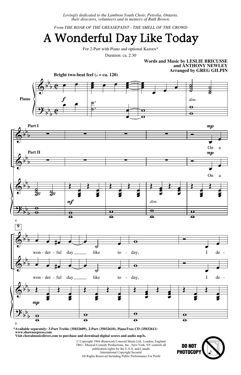 Download Leslie Bricusse & Anthony Newley A Wonderful Day Like Today (arr. Greg Gilpin) Sheet Music and learn how to play 3-Part Treble Choir PDF digital score in minutes