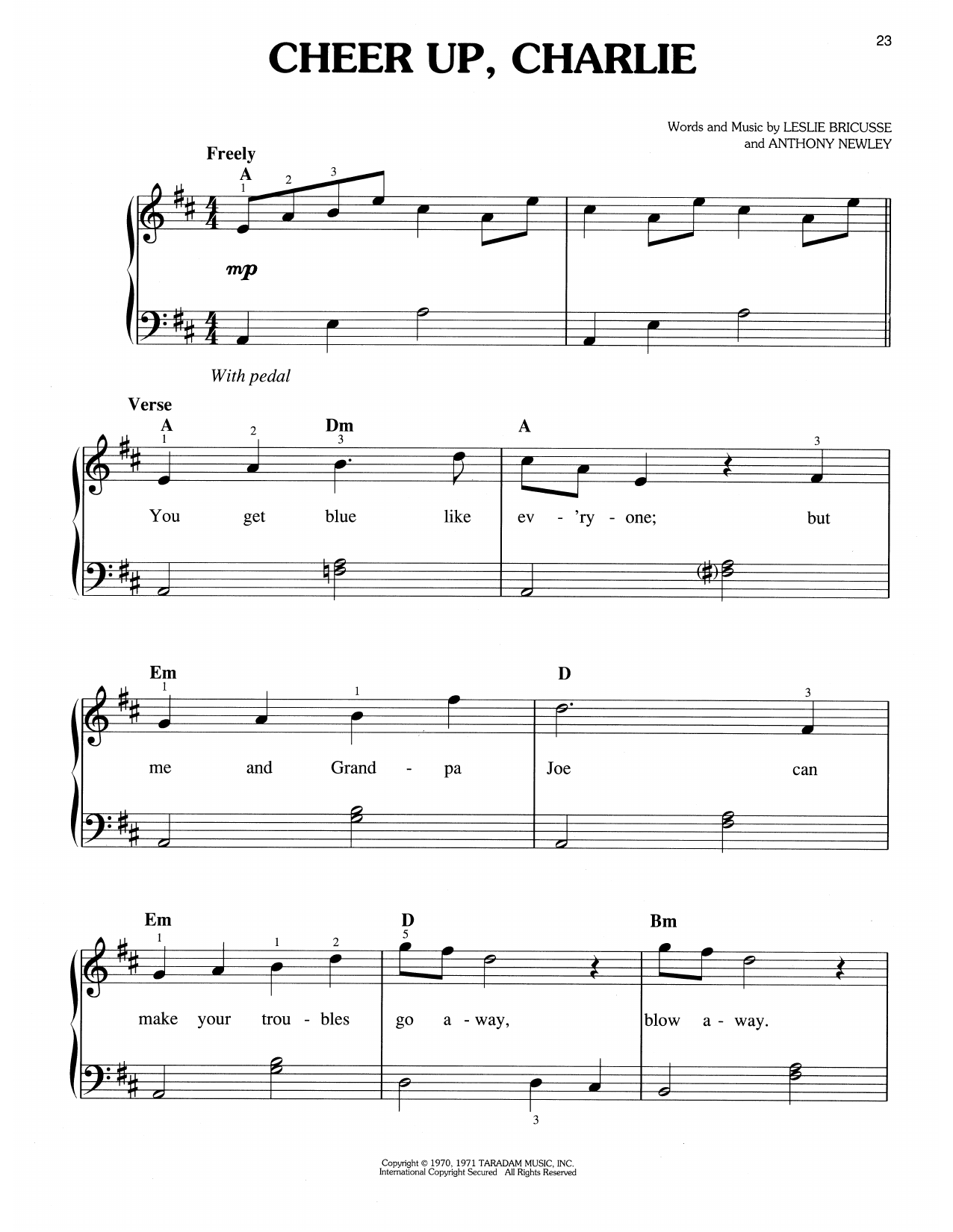 Download Leslie Bricusse & Anthony Newley Cheer Up, Charlie (from Willy Wonka & The Chocolate Factory) Sheet Music and learn how to play Easy Piano PDF digital score in minutes