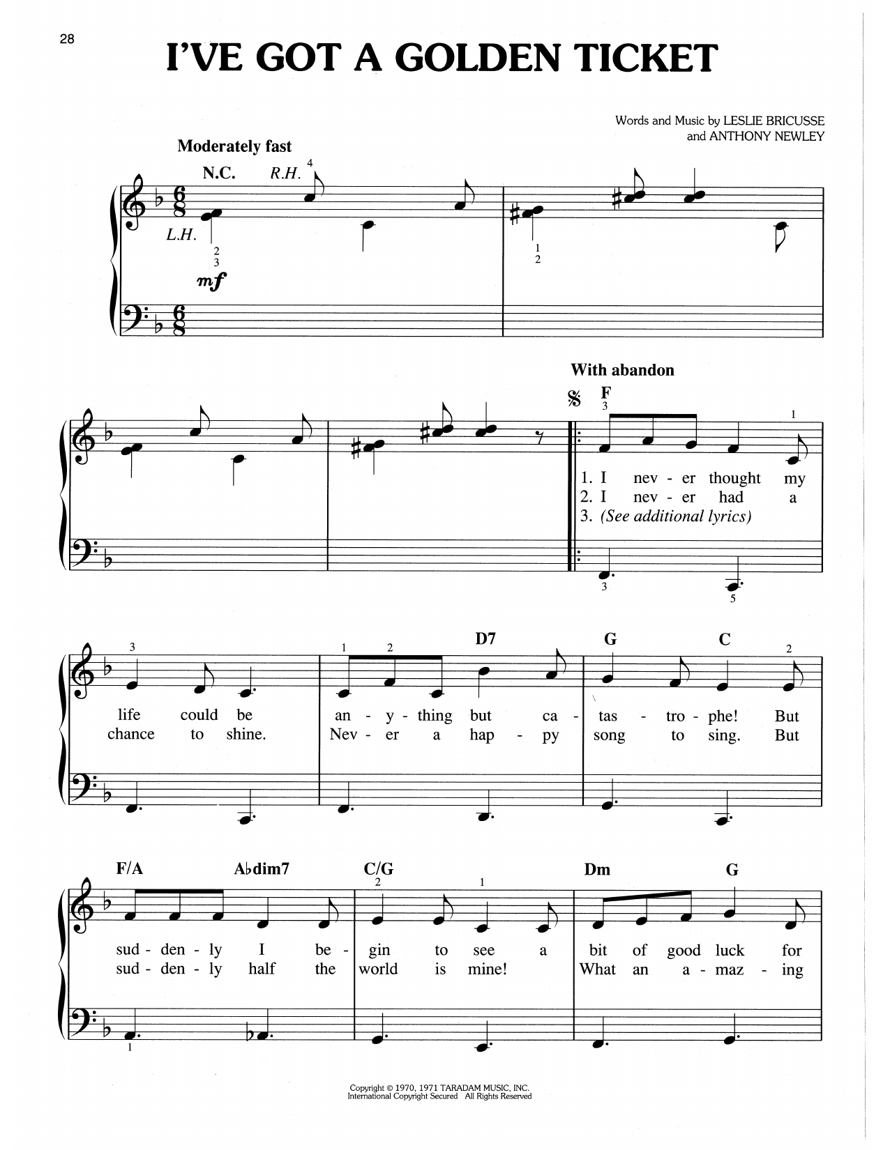 Download Leslie Bricusse & Anthony Newley I've Got A Golden Ticket (from Willy Wonka & The Chocolate Factory) Sheet Music and learn how to play Easy Piano PDF digital score in minutes