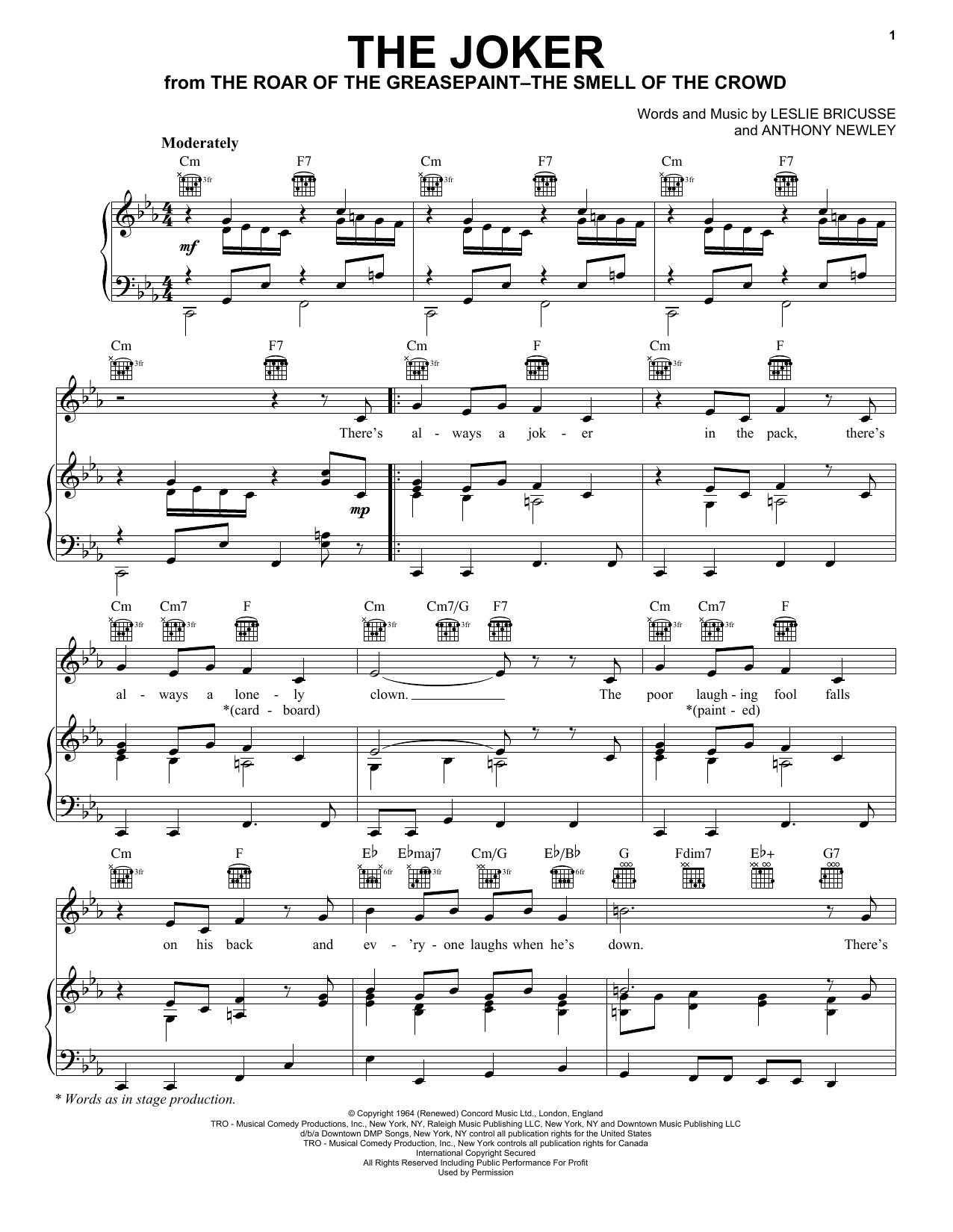 Download Leslie Bricusse & Anthony Newley The Joker (from The Roar of the Greasepaint - The Smell of the Crowd) Sheet Music and learn how to play Piano, Vocal & Guitar Chords (Right-Hand Melody) PDF digital score in minutes