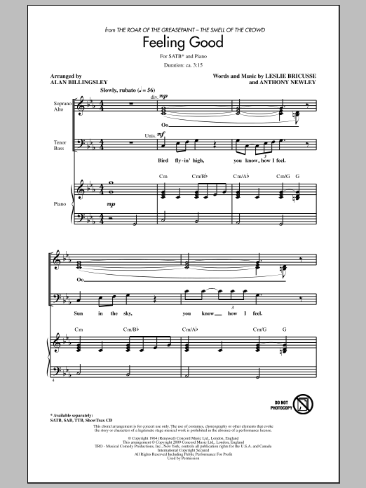 Download Leslie Bricusse and Anthony Newley Feeling Good (arr. Alan Billingsley) Sheet Music and learn how to play TTBB Choir PDF digital score in minutes