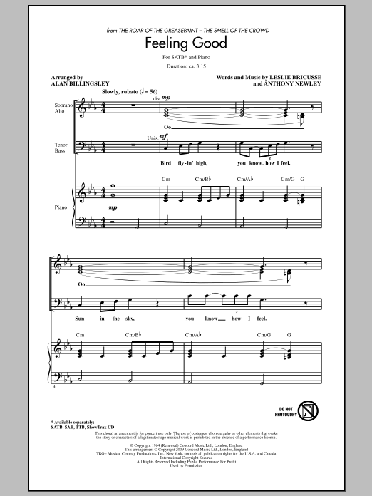 Download Leslie Bricusse and Anthony Newley Feeling Good (arr. Alan Billingsley) Sheet Music and learn how to play SATB Choir PDF digital score in minutes