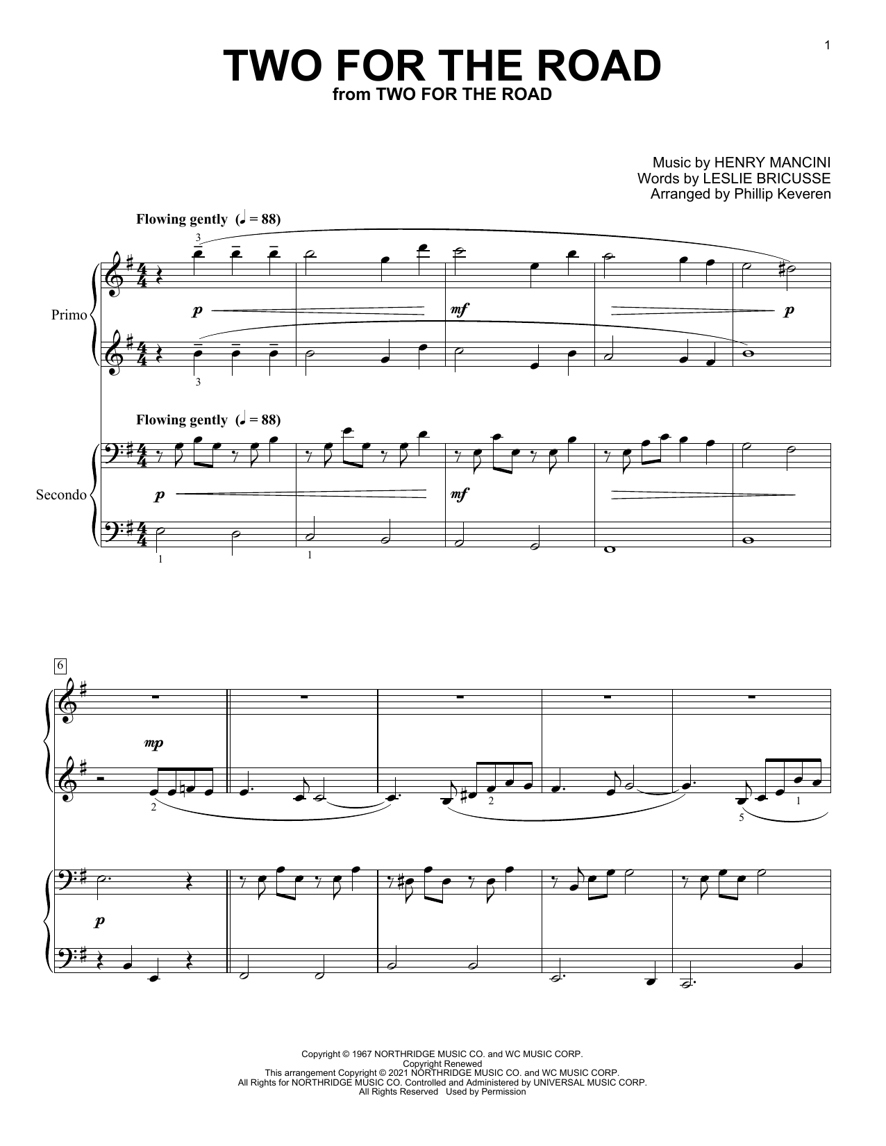Download Leslie Bricusse and Henry Mancini Two For The Road (arr. Phillip Keveren) Sheet Music and learn how to play Piano Duet PDF digital score in minutes
