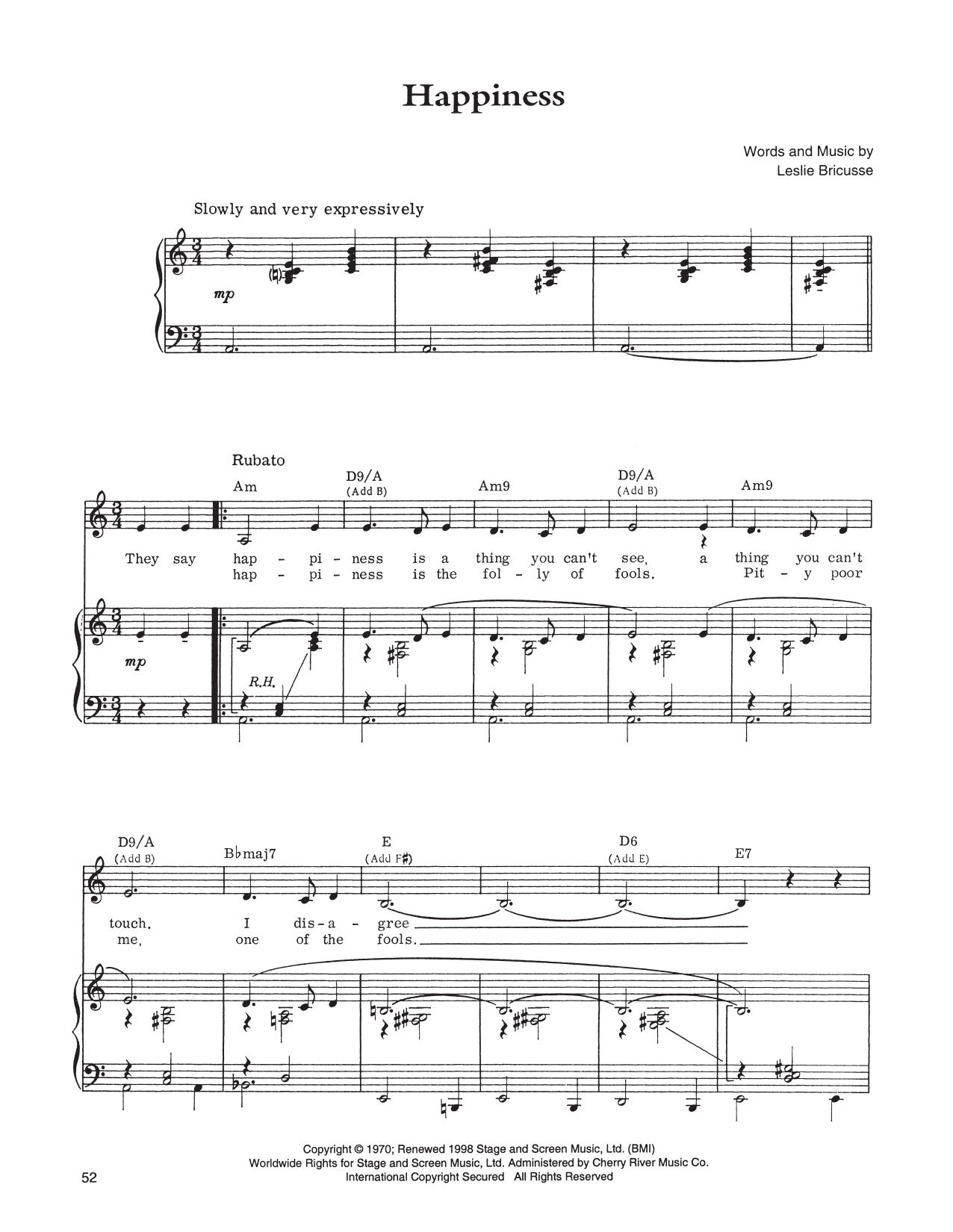 Download Leslie Bricusse Happiness Sheet Music and learn how to play Piano, Vocal & Guitar (Right-Hand Melody) PDF digital score in minutes